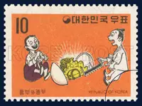 Heungbu couple rejoice over he gold, silver and other treasures pouring forth from a gourd