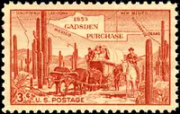 covered wagon in desert & map of Gadsden Purchase