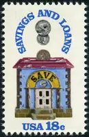 Savings & Loans Building Piggy Bank with Coins