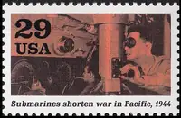 Officer at periscope Submarines shorten war in Pacific